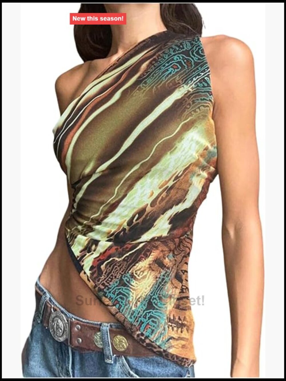 Womens Off Shoulder Tank Top Marble Print Sleeveless Asymmetrical Crop Y2K